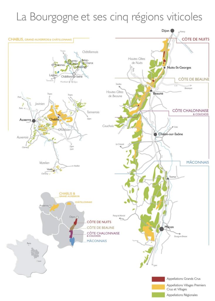 Carte des 5 grandes régions viticoles de Bourgogne